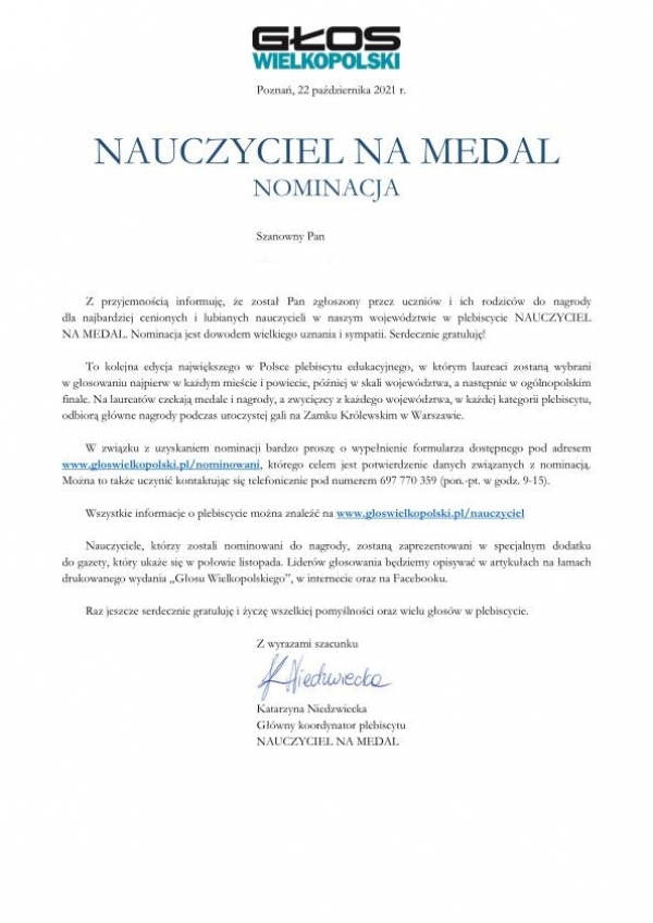 Nominacja do Nagrody  Szkoła Roku w akcji Nauczyciel i Szkoła na Medal